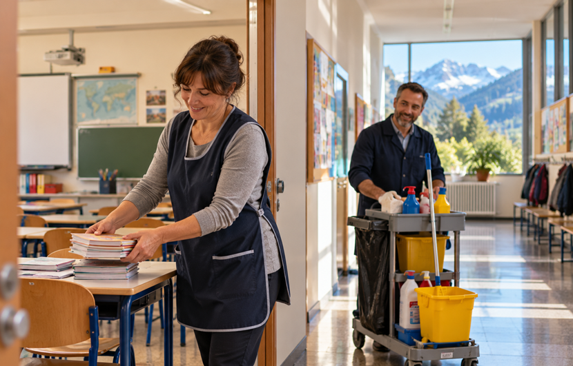 Assunzioni Bidelli 2026 con Licenza Media, personale scolastico al lavoro nelle aule e nei corridoi